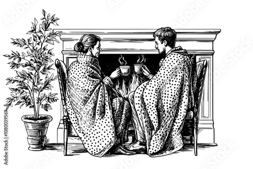 A happy couple enjoying hot drinks in cups, blankets, and clothing at the cozy fireplace in their home. A man and woman are relaxing in plaid while wrapped in a blanket in the cold winter.