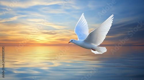 A white dove soaring over a serene ocean at sunset, with vibrant colors reflecting on the water surface