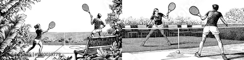 An illustration of tennis players with rackets and balls. An outdoor active game. A healthy leisure activity in summer. A man and woman compete during a match, displaying their athletic abilities.