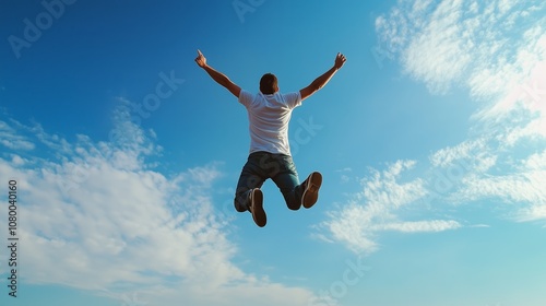 A person joyfully jumps against a clear blue sky during a sunny day, expressing freedom and happiness in a scenic outdoor setting