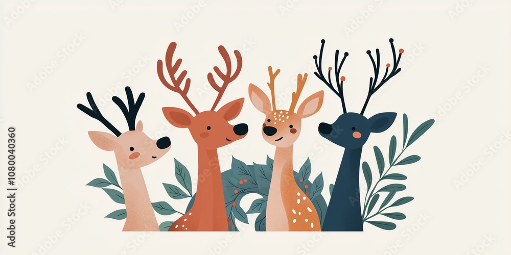 A charming illustration of four deer with colorful coats and antlers, surrounded by greenery and a light background. A charming illustration of four deer with colorful coats and antlers, surrounded by greenery and a light background.