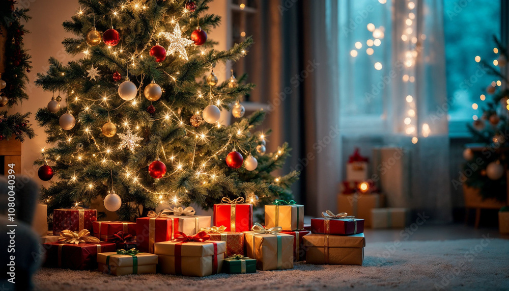 A cozy living room with a decorated Christmas tree, gifts, and festive decorations.
A cozy living room with a decorated Christmas tree, gifts, and festive decorations.