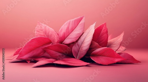 Vibrant red autumn leaves artistically arranged on pink background. Stunning macro photography captures natural texture and delicate veining in a minimalist composition