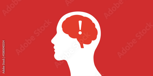 Human head silhouette with brain, red exclamation mark danger or error concept design, man profile vector illustration banner