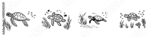A digital illustration of a sea turtle surrounded by coral reefs and seaweeds, a black and white hand drawn graphic that has been transformed into a modern illustration created by AI.