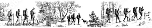 A hiking vacation in the winter, backpacking in snow. People backpacking on a winter vacation, cold season adventure. Flat modern illustration isolated on white.