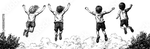 Stylish jumping kids silhouette set on a white background, with a large pack of modern silhouette designs