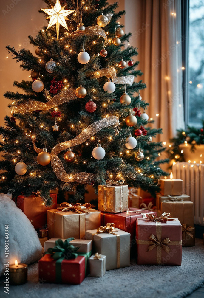 A cozy living room with a decorated Christmas tree, gifts, and festive decorations.
A cozy living room with a decorated Christmas tree, gifts, and festive decorations.