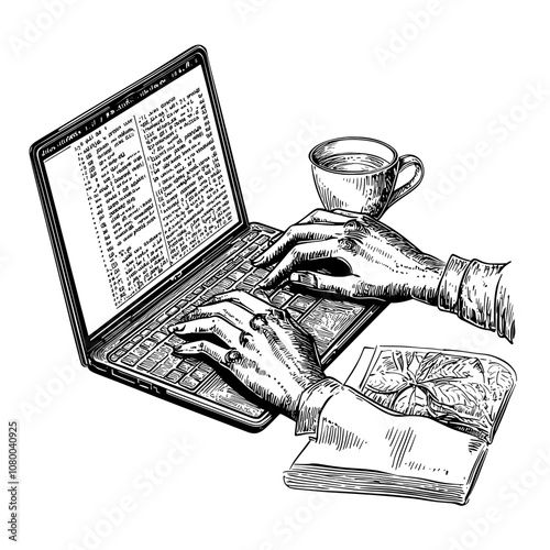 Computer on desk with hands working online. Software engineer developing, writing code. Developer on laptop, PC. Flat modern illustration.