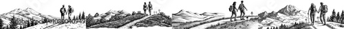 A couple of hikers travel along a map. Tiny tourists hike in nature. Backpackers walking outdoors. Travel, adventure, journey, tourism concept.