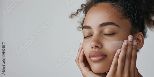 A calm woman delicately uses moisturizing cream for smooth, glowing skin, highlighting skincare benefits and rejuvenation. Represents beauty, tranquility, and selfpampering in dermatology photo