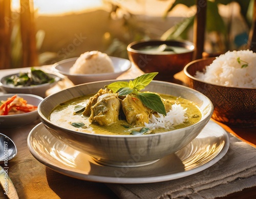 Spicy Thai Green Curry With Tender Chicken Pieces, Coconut Milk, and Fresh Basil, Served With Steamed Jasmine Rice on a Traditional Thai Dinner Table Setting