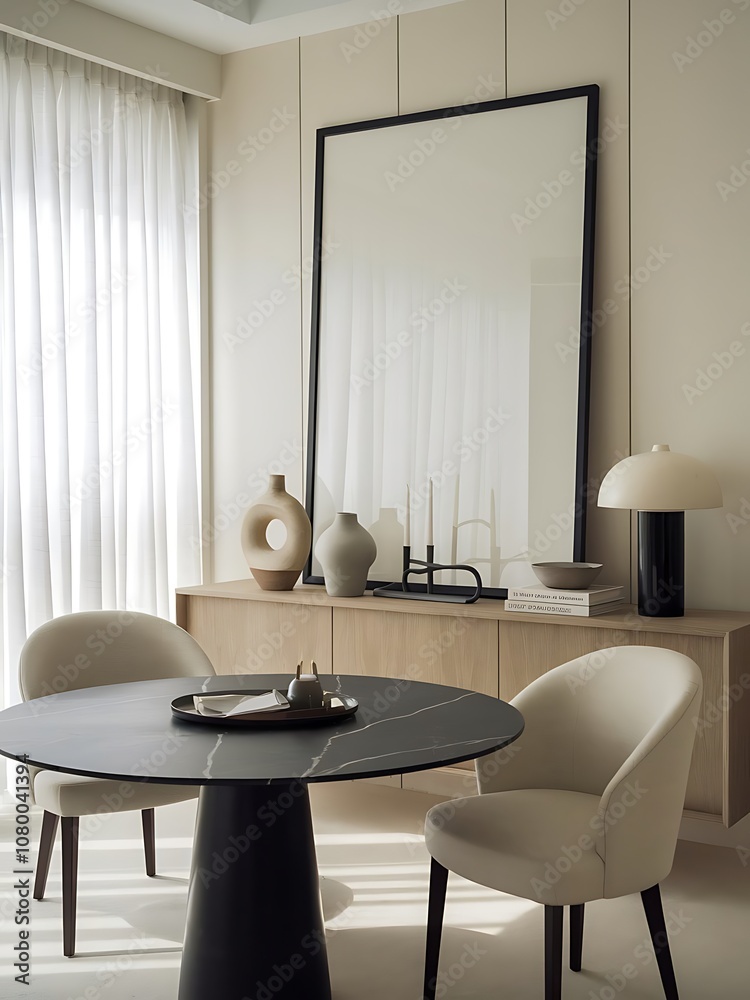 A sleek and minimalist dining room interior with a round marble table, two upholstered chairs, and a sideboard. A sleek and minimalist dining room interior with a round marble table, two upholstered chairs, and a sideboard.