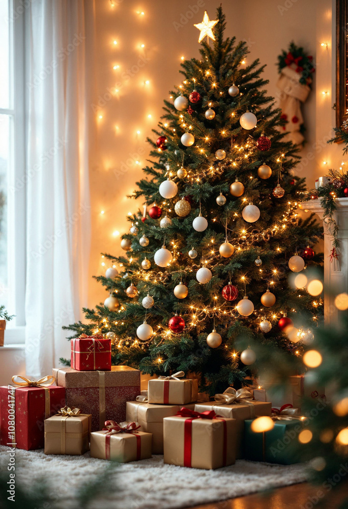 A cozy living room with a decorated Christmas tree, gifts, and festive decorations.
A cozy living room with a decorated Christmas tree, gifts, and festive decorations.