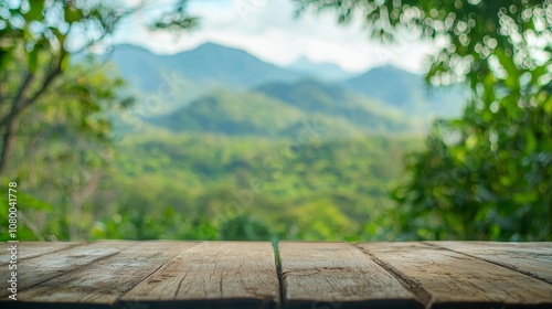 An empty wooden table with a mountain backdrop or a wooden desk featuring a natural plantation background featuring bokeh effects