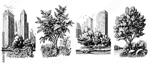 A set of cityscape posters. Modern highrise skyscrapers, multistorey towers, urban buildings in cities and houses by the sea. Modern images of metropolitan architecture, seaside architecture,