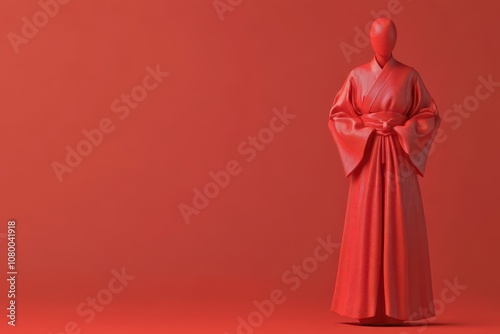 A person in a red robe stands in front of a red wall