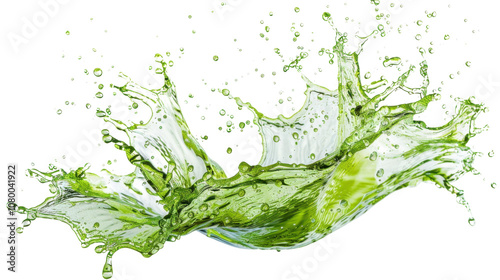 Dynamic splash of vibrant green liquid on white transparent background
