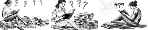Studying student amongst book piles, preparing for exam among books. Character reading textbooks, researching, finding answers in library. Education concept. Modern flat illustration on white
