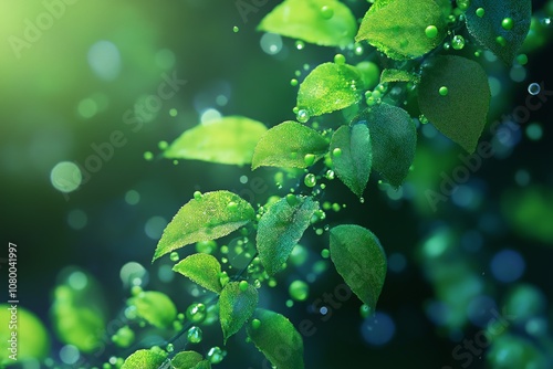 Fresh Green Leaves with Dew Droplets Symbolizing Nature, Ecology, and Organic Growth for Environmental Inspiration and Conservation, Generative AI