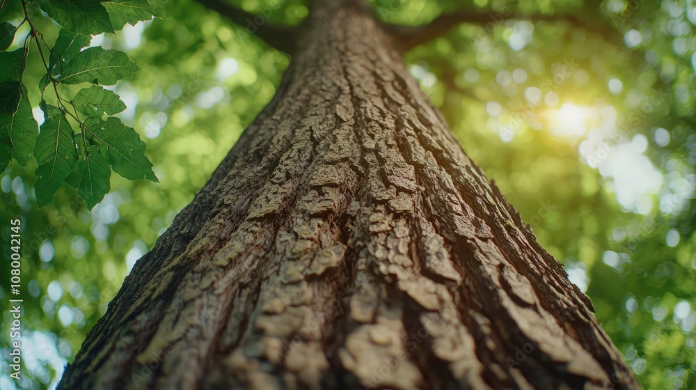 Tall tree trunk viewed from below, showcasing detailed bark texture against lush green leaves. Tall tree trunk viewed from below, showcasing detailed bark texture against lush green leaves.