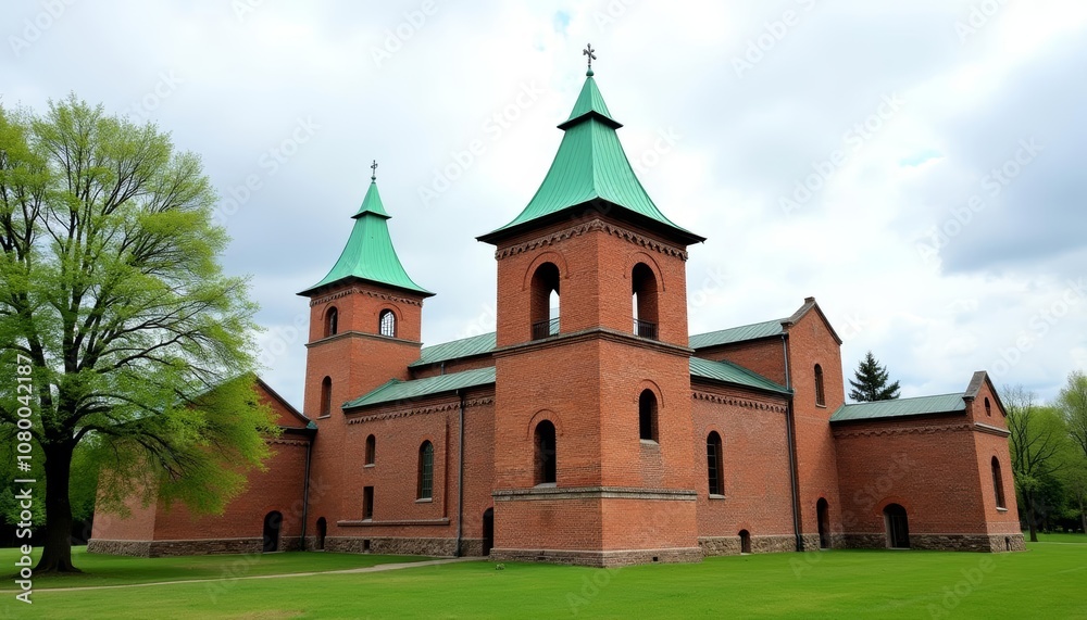 Elegant Gothic Revival church with vibrant red brick and green spires Elegant Gothic Revival church with vibrant red brick and green spires