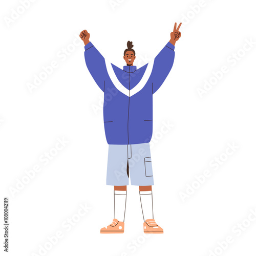 Happy man, arms raised with peace and victory, power fist signs. Smiling young guy gesturing. Excited joyful positive male character cheering. Flat vector illustration isolated on white background