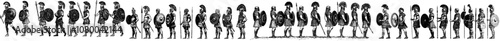 A large collection of Spartan warrior greek silhouettes isolated on a white background.