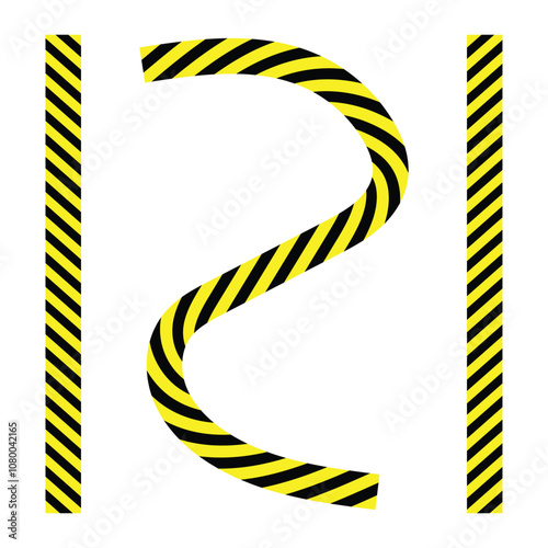 Isolated crossed police warning tape with yellow and black stripes. Stretched caution ribbon.