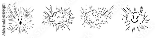 A series of hand-drawn explosions outline white elements in a comic style