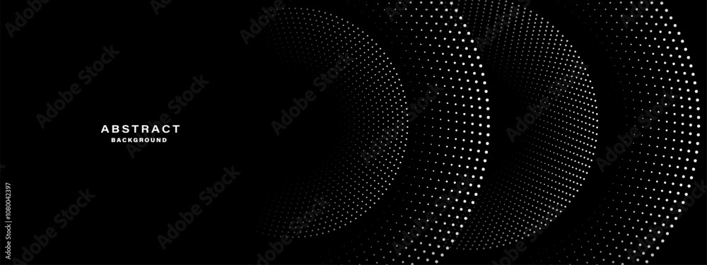 Abstract black background with concentric circles and halftone pattern. Vector illustration.