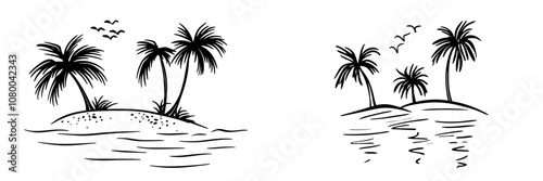 The design of an island with palm trees is one continuous line. Tropical Desert Island Landscape Design, Modern Illustration Drawing.