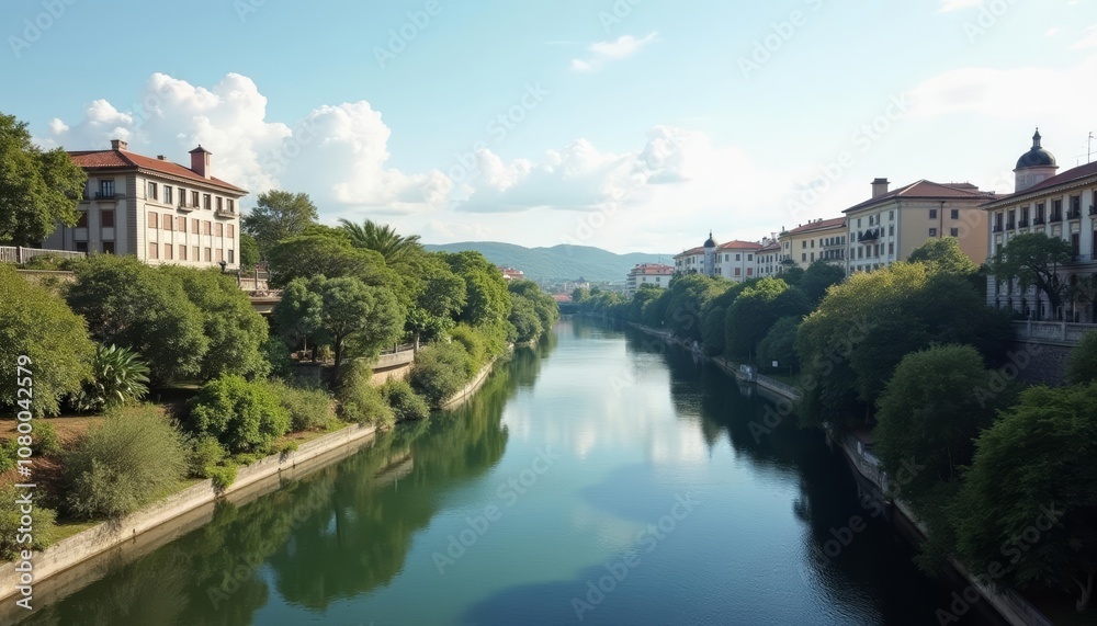 Elegant riverside cityscape under a clear sky Elegant riverside cityscape under a clear sky