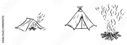 Camping tent and bonfire line drawing. Bonfire and pot single line art modern illustration.