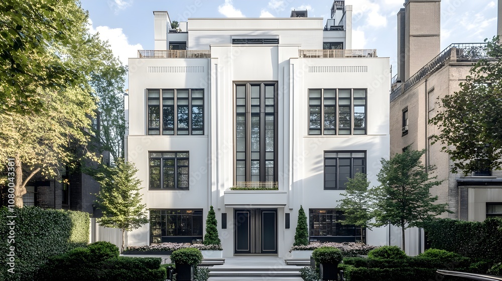 An art deco townhouse with a white geometric facade, bold accents, and metallic details, reflecting urban sophistication.