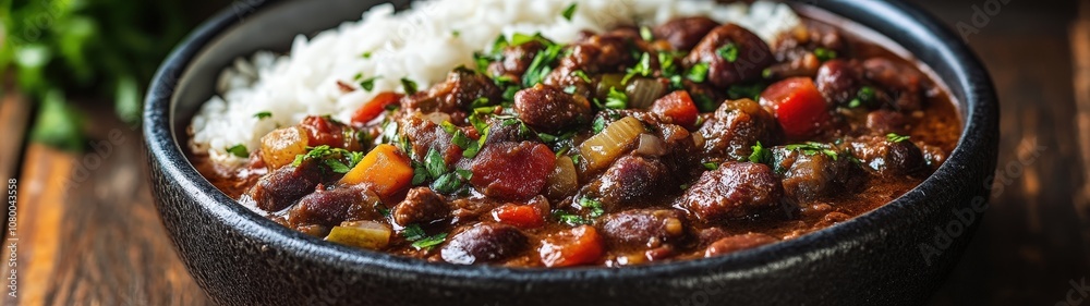 Delicious bowl of chili with rice, fresh vegetables, and herbs. A hearty meal perfect for any chilly day or gathering. Delicious bowl of chili with rice, fresh vegetables, and herbs. A hearty meal perfect for any chilly day or gathering.