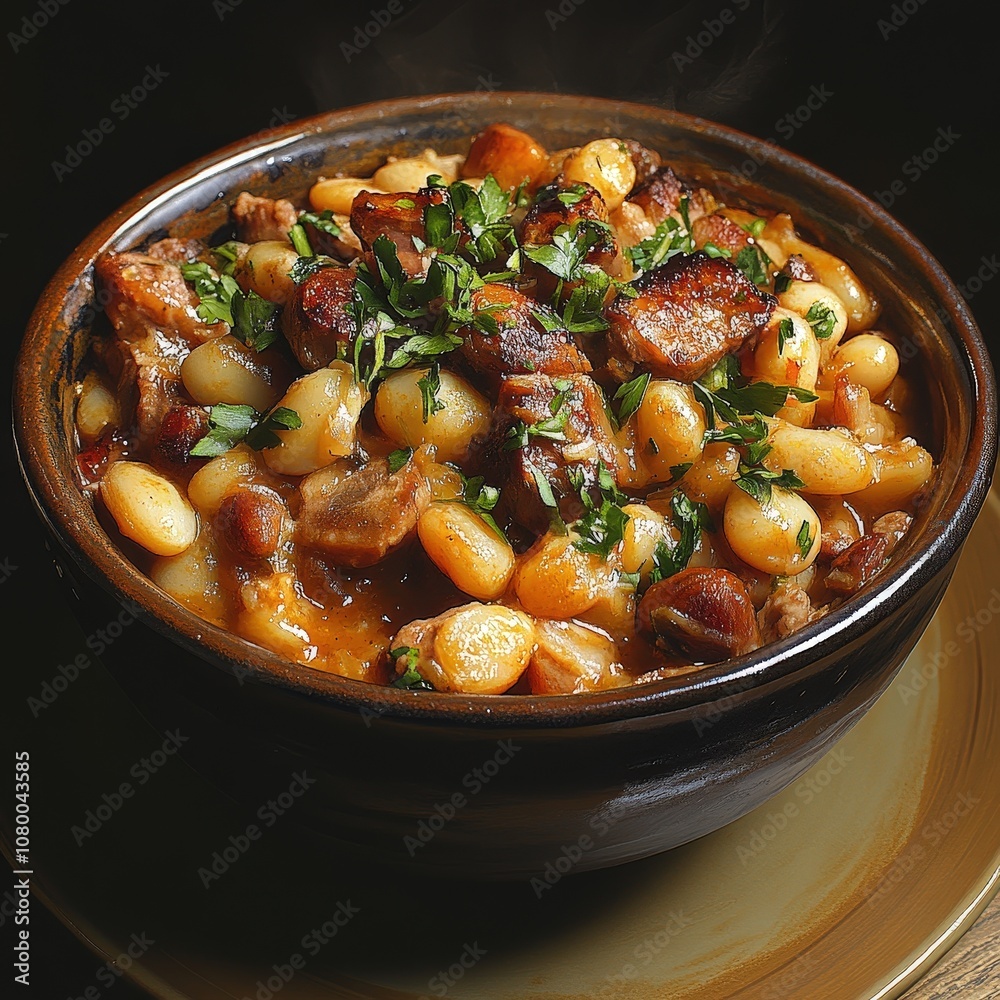Delicious bowl of hearty bean stew with meat, garnished with fresh herbs, perfect for comfort food lovers. Delicious bowl of hearty bean stew with meat, garnished with fresh herbs, perfect for comfort food lovers.