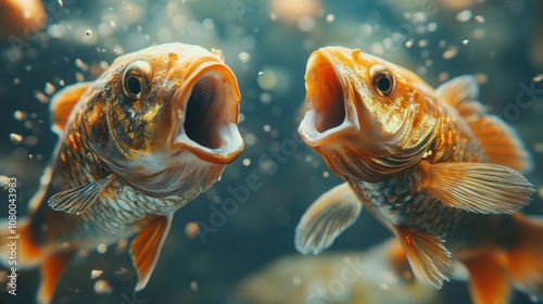 Two fish with open mouths facing each other in dramatic underwater confrontation. Silver and golden koi create stunning contrast against dark aquatic background