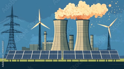 Digital illustration showing a power plant with nuclear cooling towers, wind turbines, and solar panels, representing diverse energy sources and sustainability.