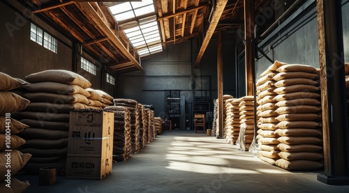 Wallpaper Mural A spacious warehouse filled with neatly stacked bags and boxes, illuminated by natural light through skylights. Torontodigital.ca