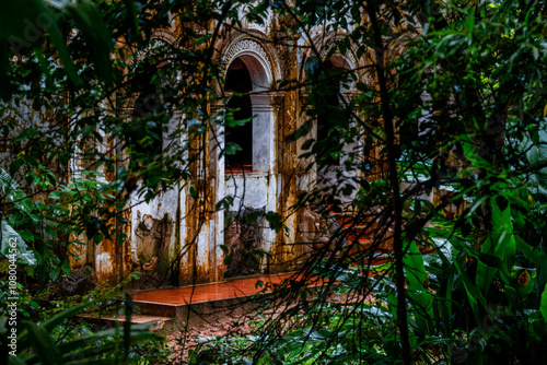 Natural background of ancient sculptures of religious tourist attractions, Naga statues, old churches by the natural waterfall from the high mountain, Wat Phalat, the way up to Doi Suthep, Chiang Mai