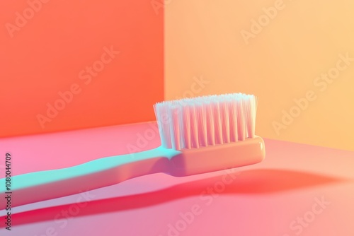 A toothbrush is laying on a pink surface