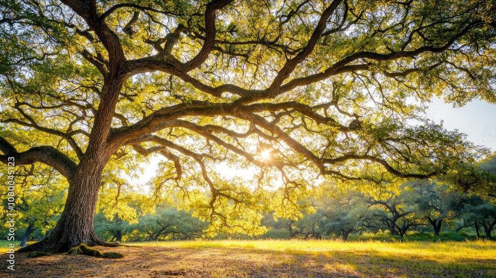 Naklejka premium A majestic tree with sprawling branches illuminated by sunlight.