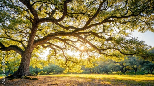 A majestic tree with sprawling branches illuminated by sunlight.