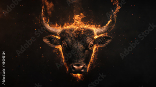 Bull Head with Flames on Black Background. Fiery Animal Illustration. Bull market concept photo