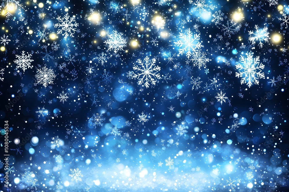 Obraz premium Magical Winter Wonderland with Snowflakes Sparkling Against a Deep Blue Background, Creating an Enchanting Atmosphere for Holiday and Seasonal Themes