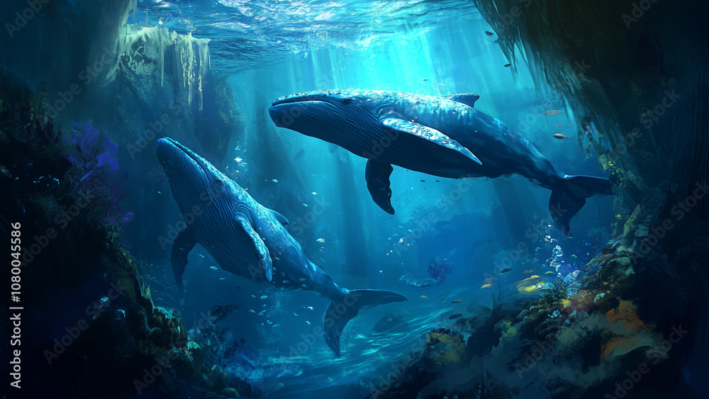 Fototapeta premium Majestic Whales' Ballet: A Serene Underwater Encounter