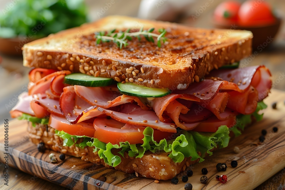 Delicious Gourmet Sandwich with Ham, Lettuce, and Tomatoes on Rustic Bread for Culinary Inspiration Delicious Gourmet Sandwich with Ham, Lettuce, and Tomatoes on Rustic Bread for Culinary Inspiration