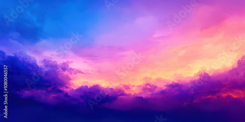 A painting of a sky with clouds in a variety of colors, including purple, blue