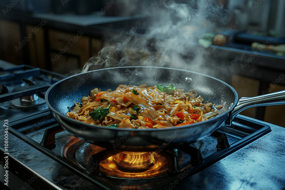 Chef cooking pad thai in a kitchen culinary action indoor environment steamy scene delicious concept Chef cooking pad thai in a kitchen culinary action indoor environment steamy scene delicious concept